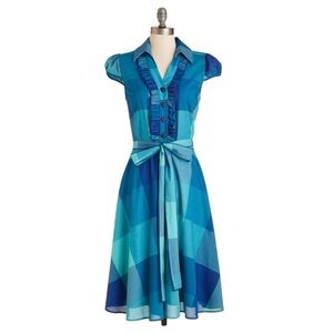 Yellow Star USA Women’s Small Fit & Flare Midi Dress Blue Checkered Belted Dress